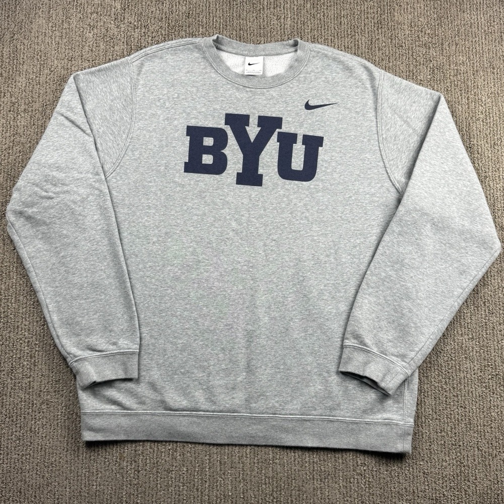 Nike Mens XL Crew Neck Pullover Sweatshirt Fleece Grey BYU Cougars